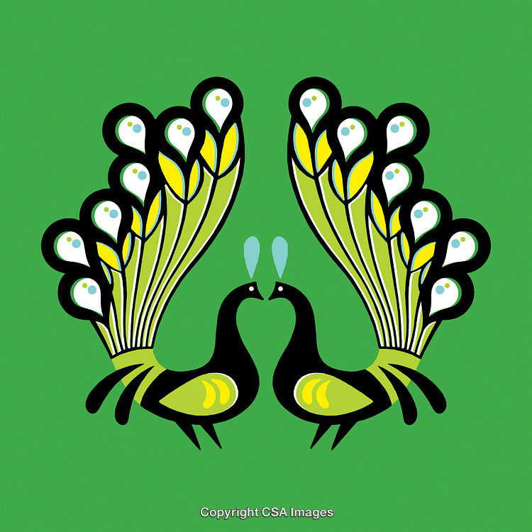 Stylized Depiction of Two Peacocks Facing Each Other on Green Background