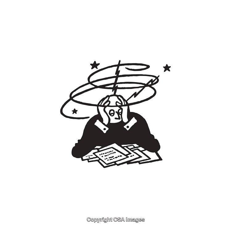 Black and White Illustration Depicting Overwork and Stress at Desk