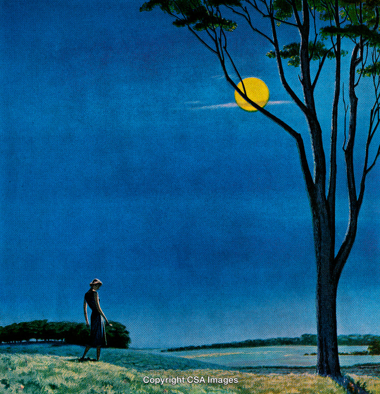 Woman Alone Under Blue Night Sky with Moon and Tall Trees