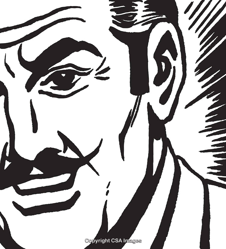 Black and White Retro Style Illustration of a Smiling Man With Mustache
