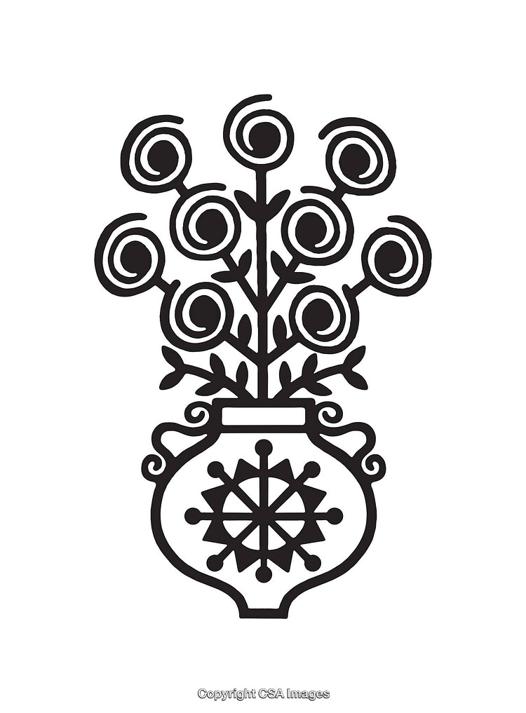 Black and White Line Art Illustration of Vase with Spiral Flowers