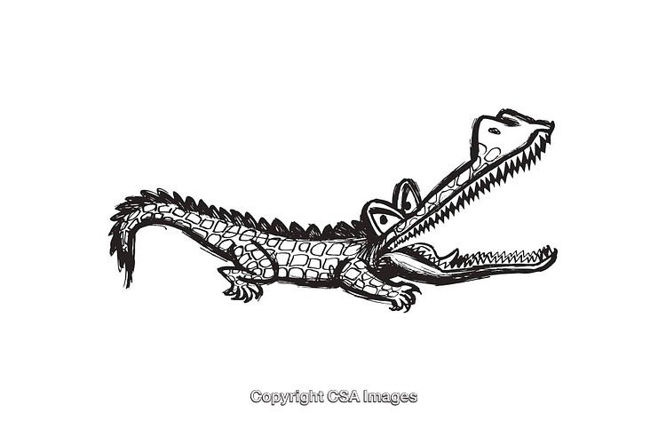 Black And White Line Art Illustration of a Cartoon Crocodile Character