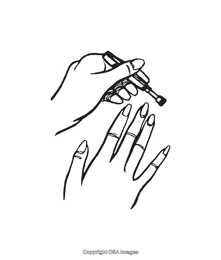 Black and White Line Art Illustration of Hands Applying Nail Polish