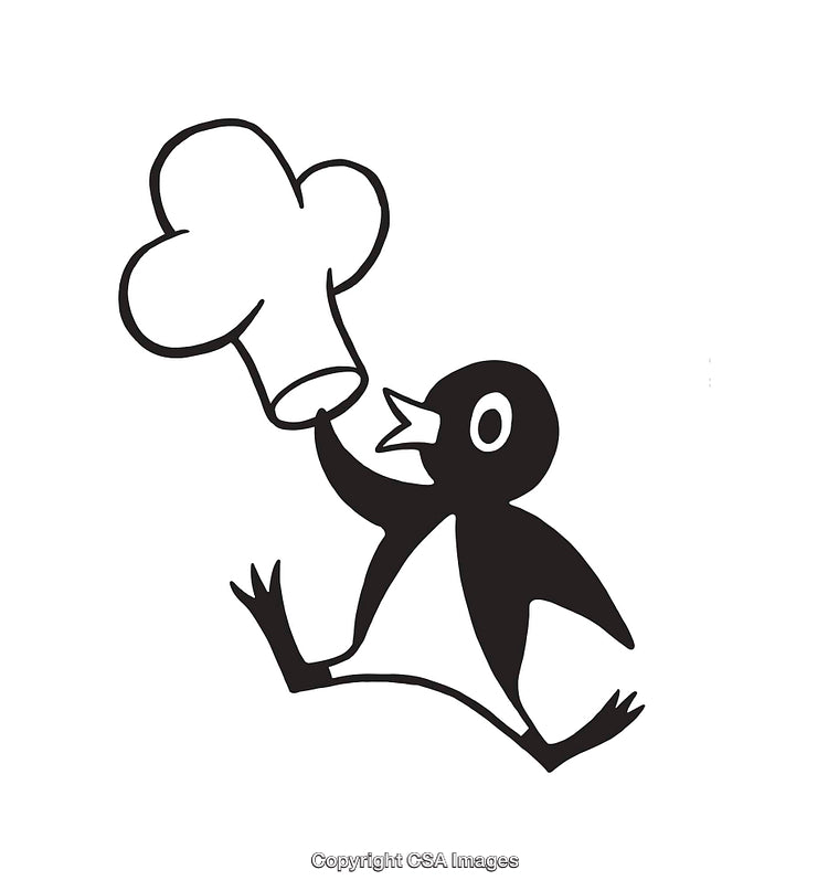 Illustration of a Penguin Holding a Chef Hat in Minimalistic Monochrome Style
