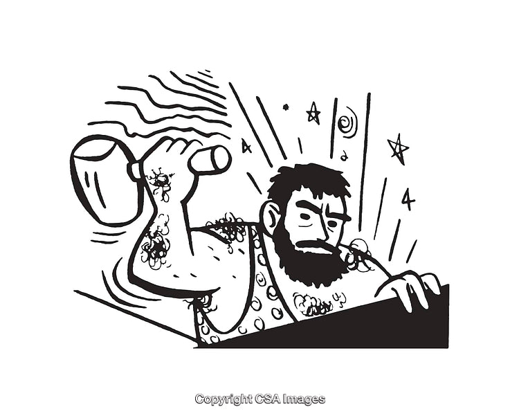 Black and White Line Art Depicting a Strong Bearded Man in Motion