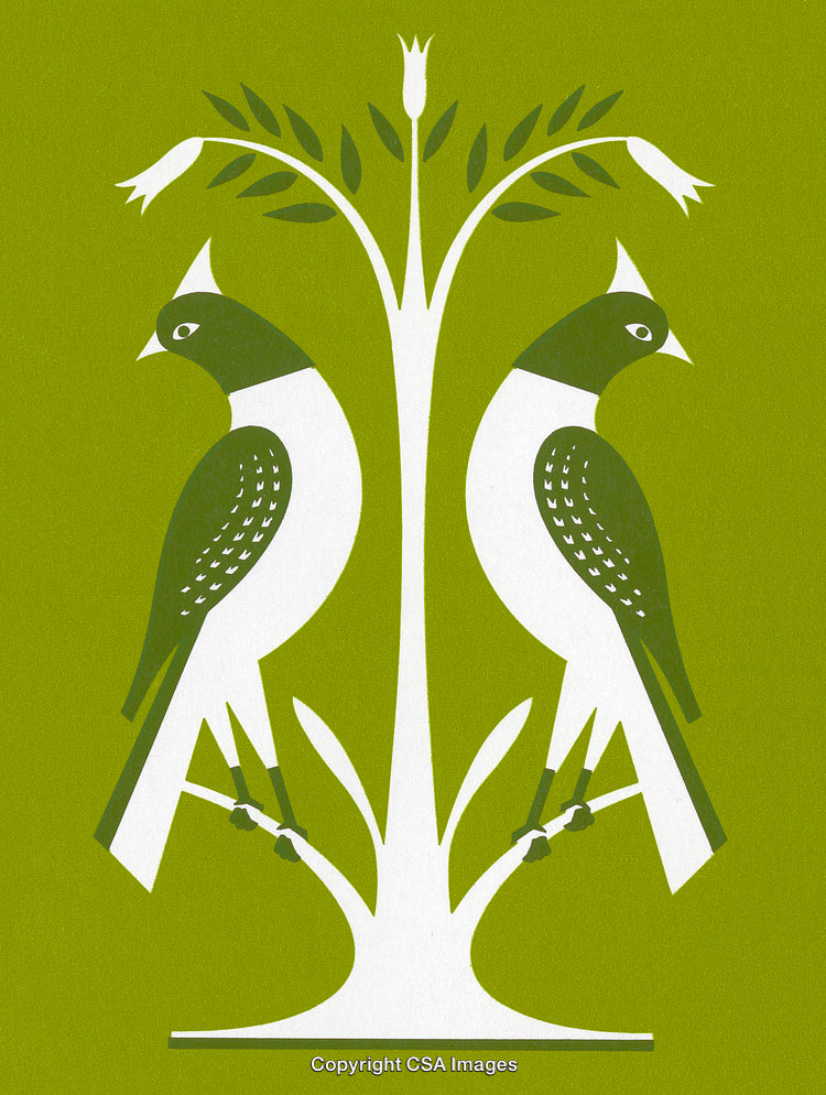 Symmetrical Artwork of Two Birds Facing Outward with a Tree Centerpiece