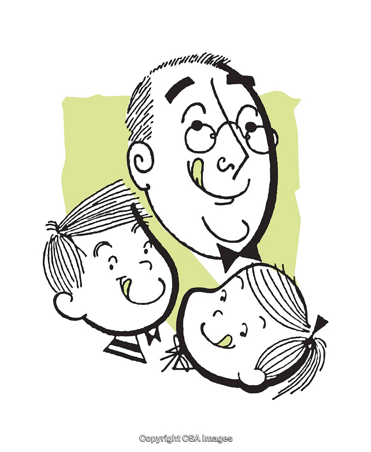 Retro Style Illustration Featuring Cheerful Family in Black and Green Tones