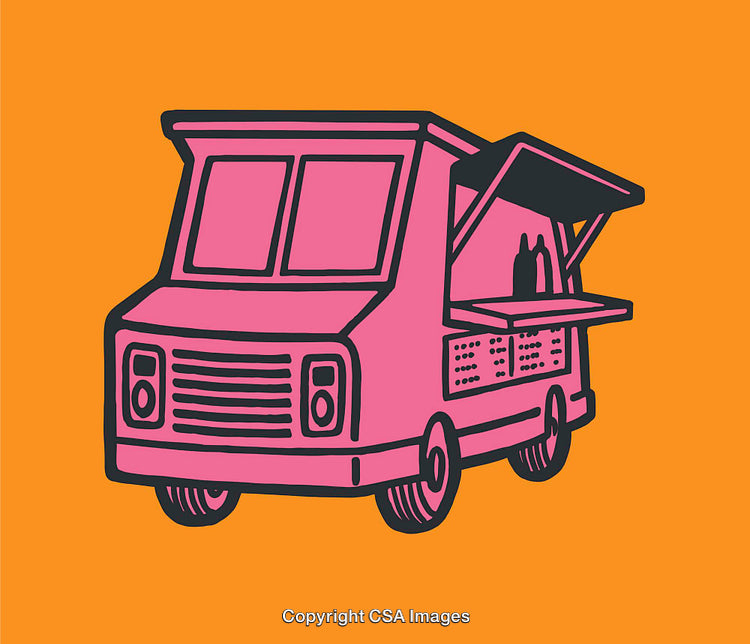 Pink Food Truck Illustration on Orange Background in Stylish Line Art