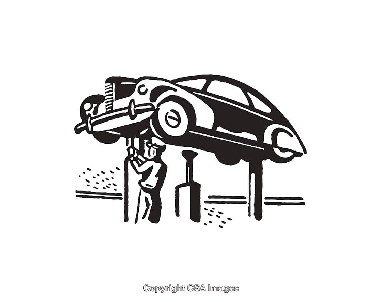 Black and White Illustration of a Car Repair Scene on a Lift