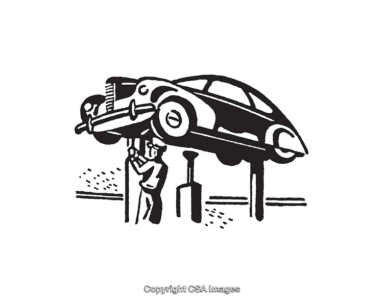 Black and White Illustration of a Car Repair Scene on a Lift
