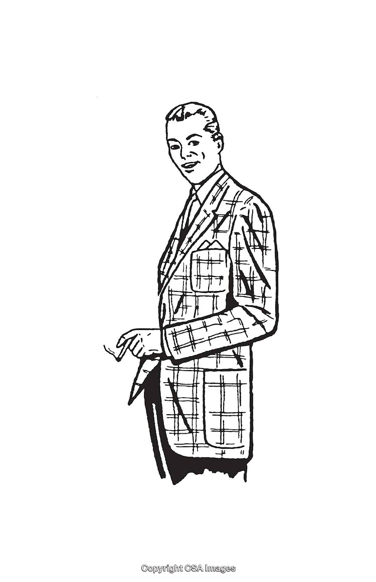 Vintage Line Art Illustration of a Well-Dressed Gentleman in a Plaid Suit