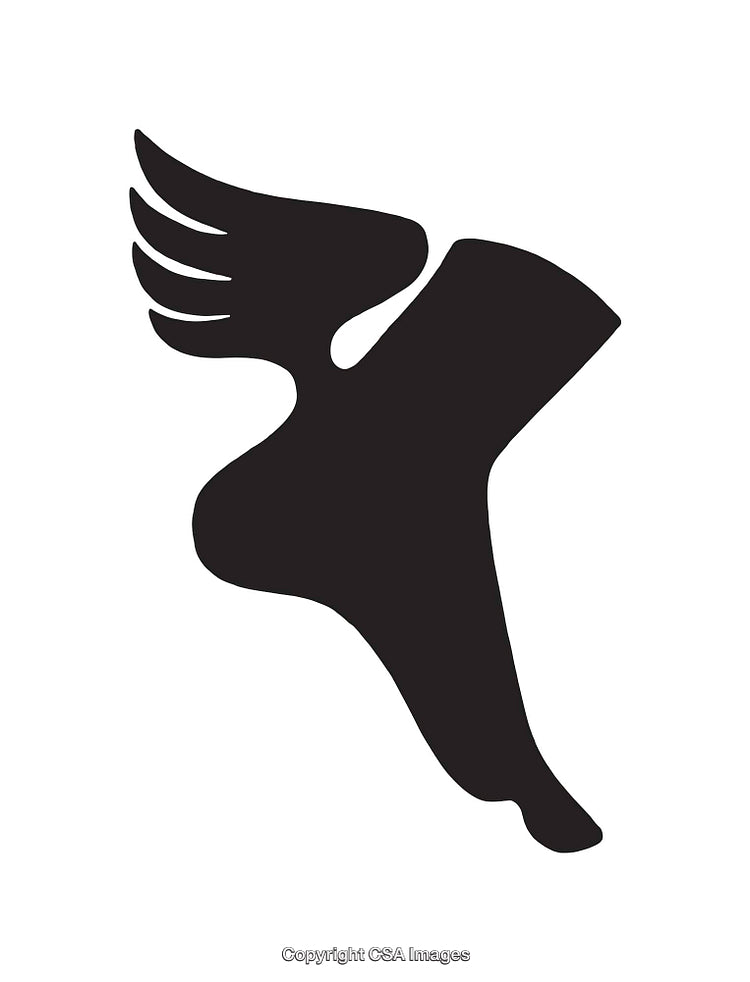 Black and White Illustration of a Winged Foot Symbol