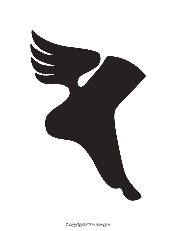 Black and White Illustration of a Winged Foot Symbol