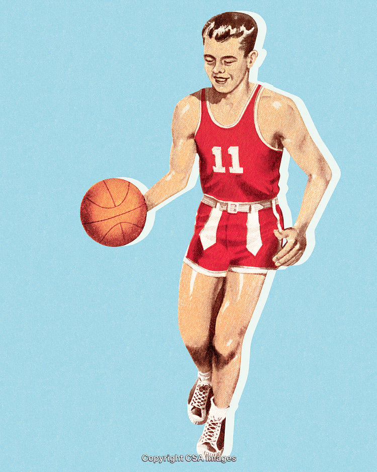 Vintage Illustration of Basketball Player Dribbling in Red Uniform