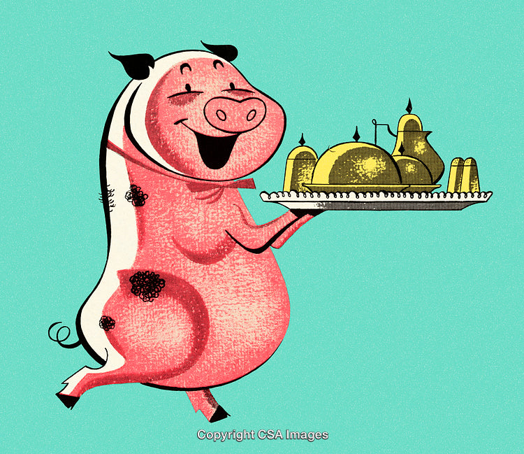 Cheerful Pig Holding a Tray of Delicious Golden Food on Teal Background
