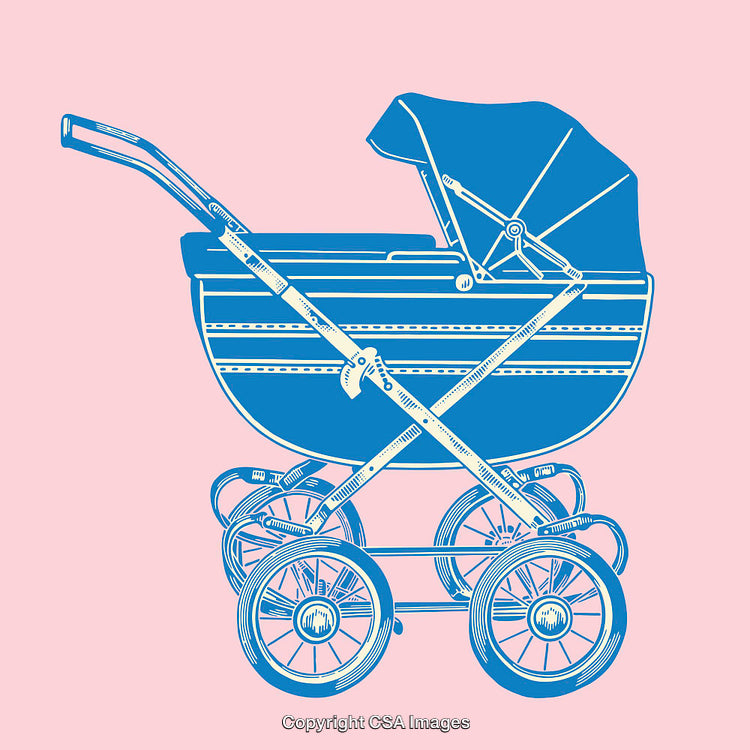 Vintage Baby Carriage Illustration in Blue on Pink Background