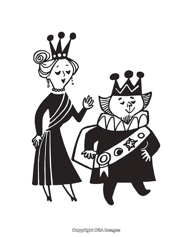 Black and White Line Art Depicting a King and Queen Cartoon