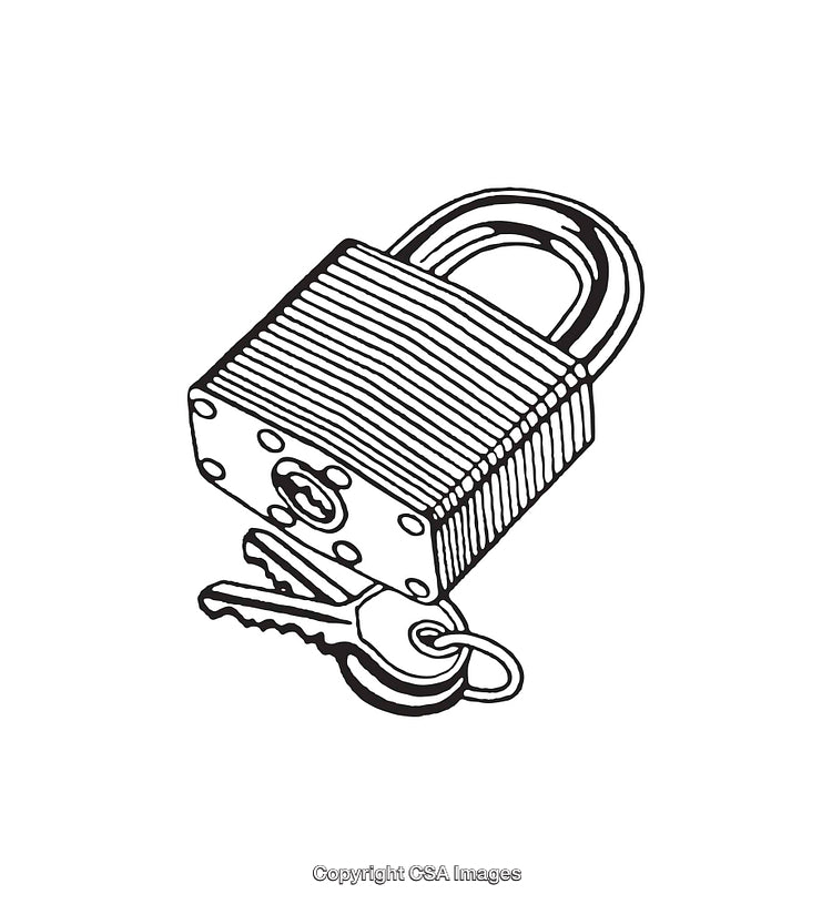 Black and White Line Art Illustration of Padlock with Keys
