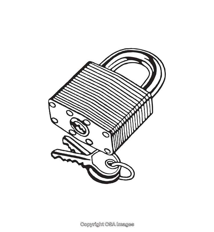 Black and White Line Art Illustration of Padlock with Keys