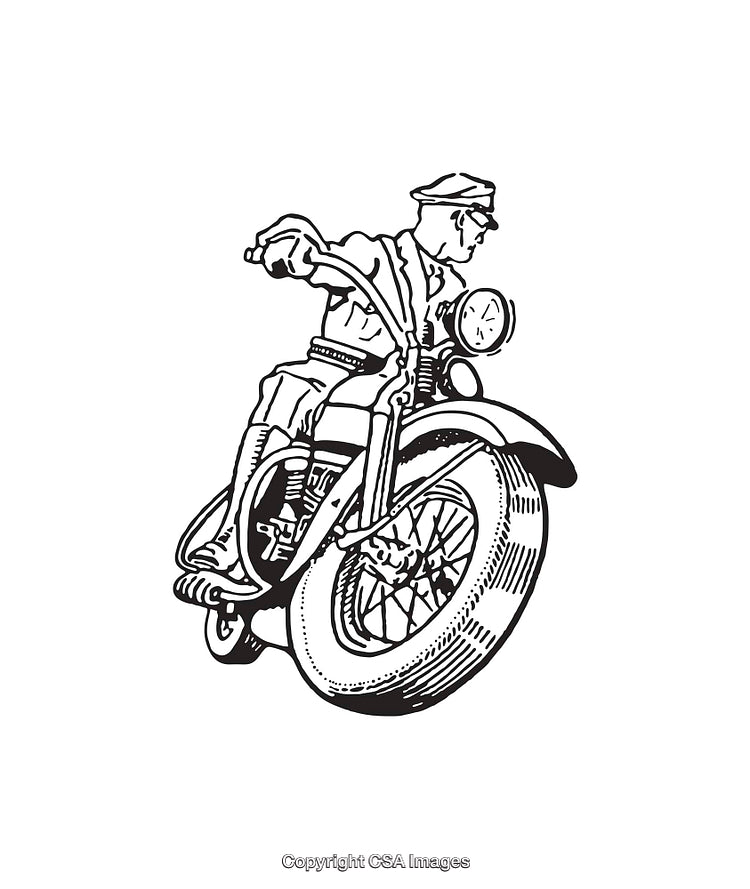 Vintage Motorcycle Rider Line Art Illustration in Black and White