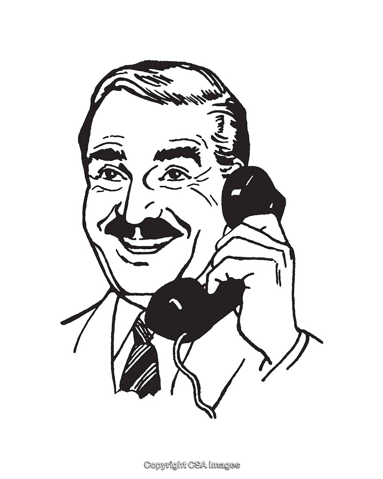 Vintage Line Art of Smiling Businessman Using a Telephone