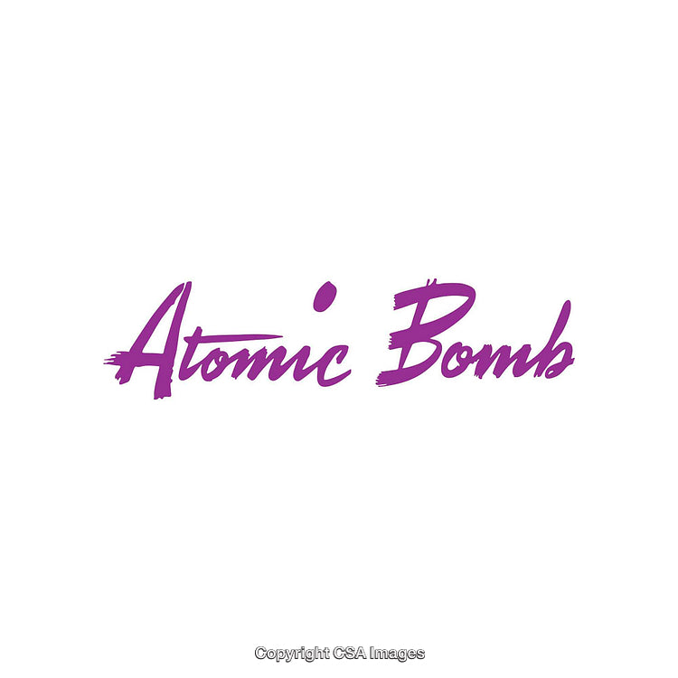 Modern Typography Displaying "Atomic Bomb" in Bold Purple Brush Letters