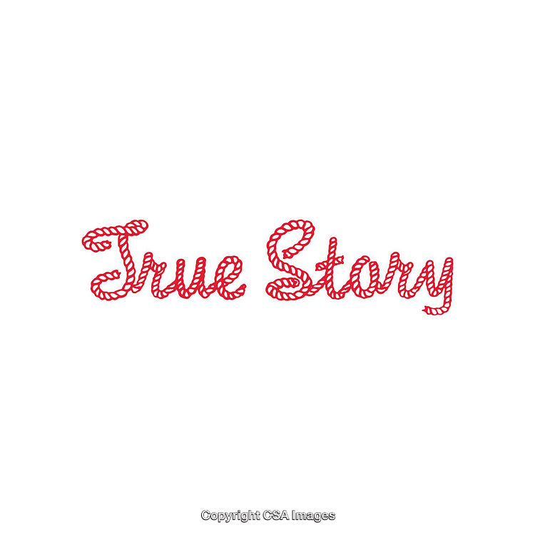 True Story Typography in Red Rope Design on a White Background