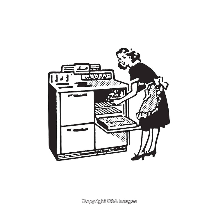 Vintage Woman Baking in Retro Kitchen with an Open Oven Appliance