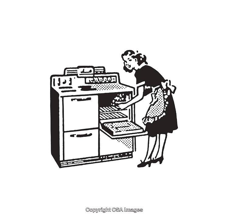 Vintage Woman Baking in Retro Kitchen with an Open Oven Appliance