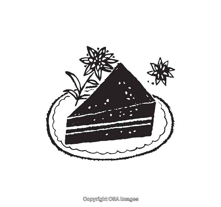 Black and White Illustration of Cake Slice on a Plate with Decorations