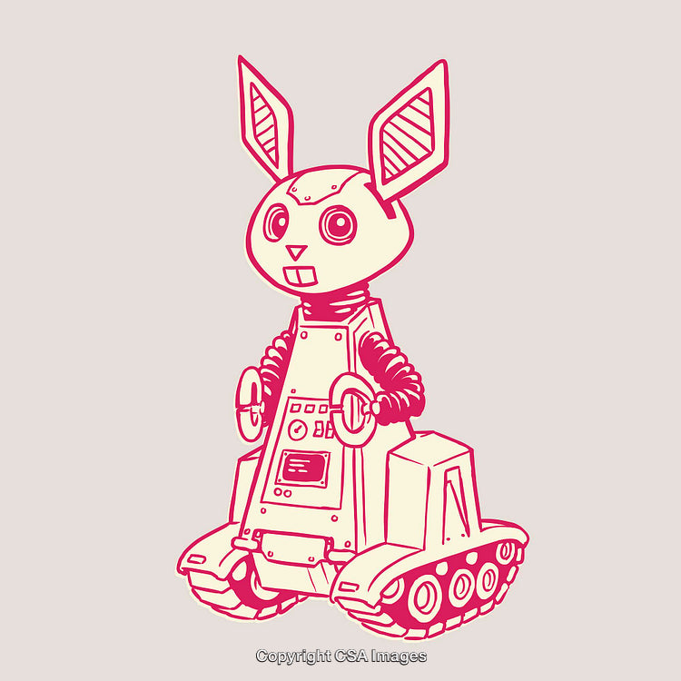 Whimsical Color Line Art of Robot Rabbit on Tank Tracks