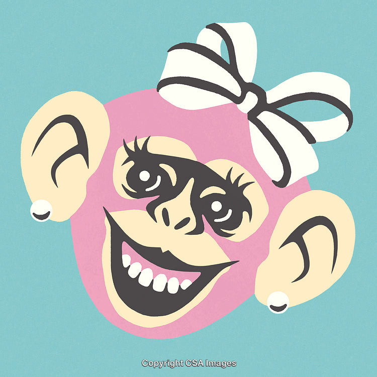 Illustrated Head of a Happy Cartoon Monkey with a Bow