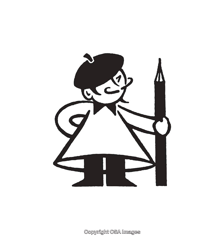 Black and White Illustration of a Creative Character Holding a Pencil