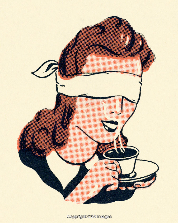Retro Illustration of Woman Drinking Coffee While Blindfolded in Vintage Style