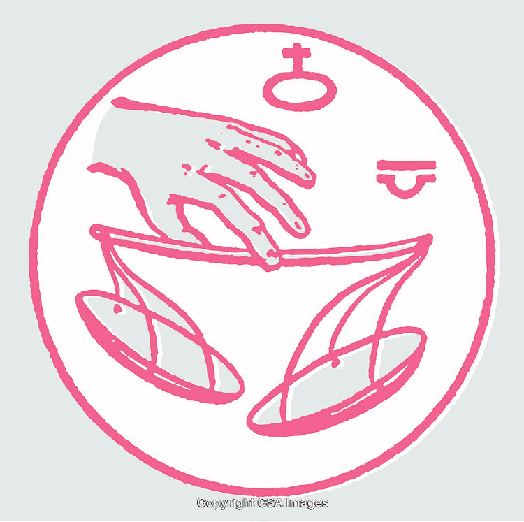 Abstract Pink Line Art Featuring Balancing Scales and Symbols