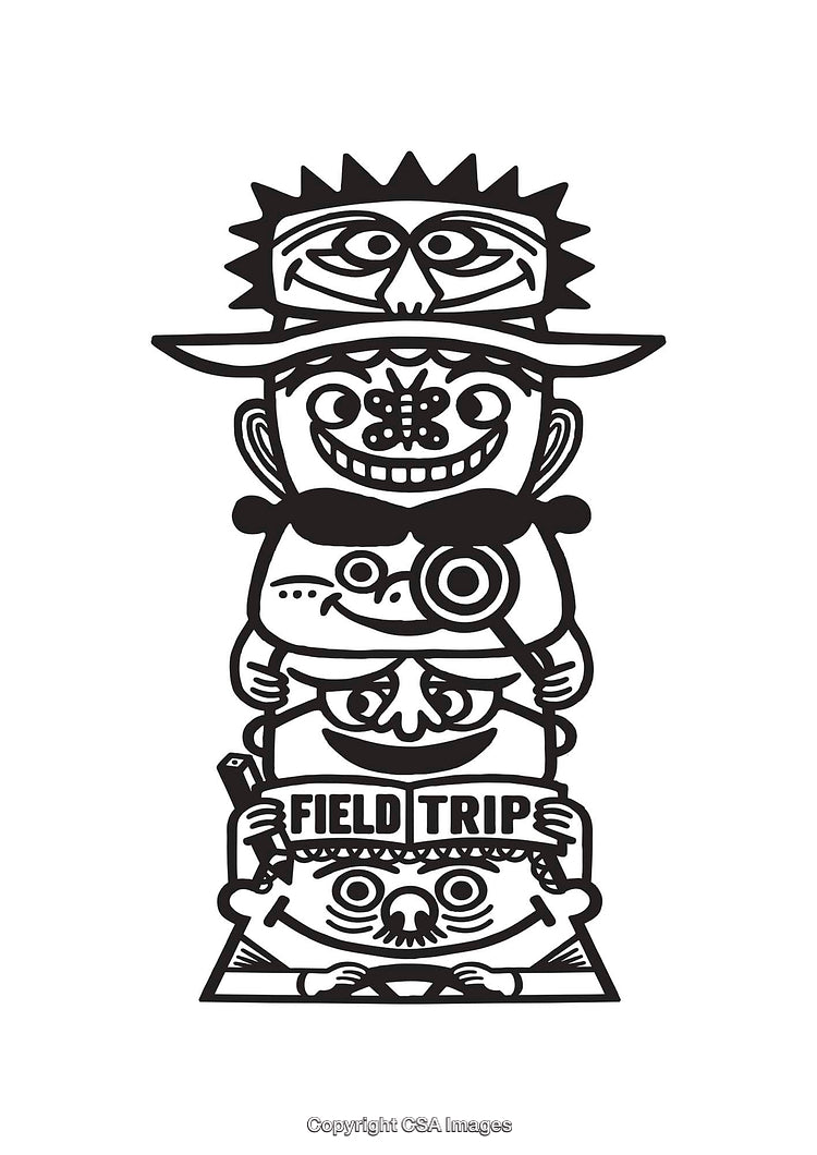 Playful Black and White Line Art Totem Composition with Unique Expressions