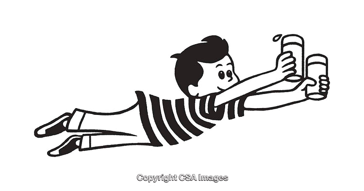 Black and White Line Art of a Flying Child Holding Cups
