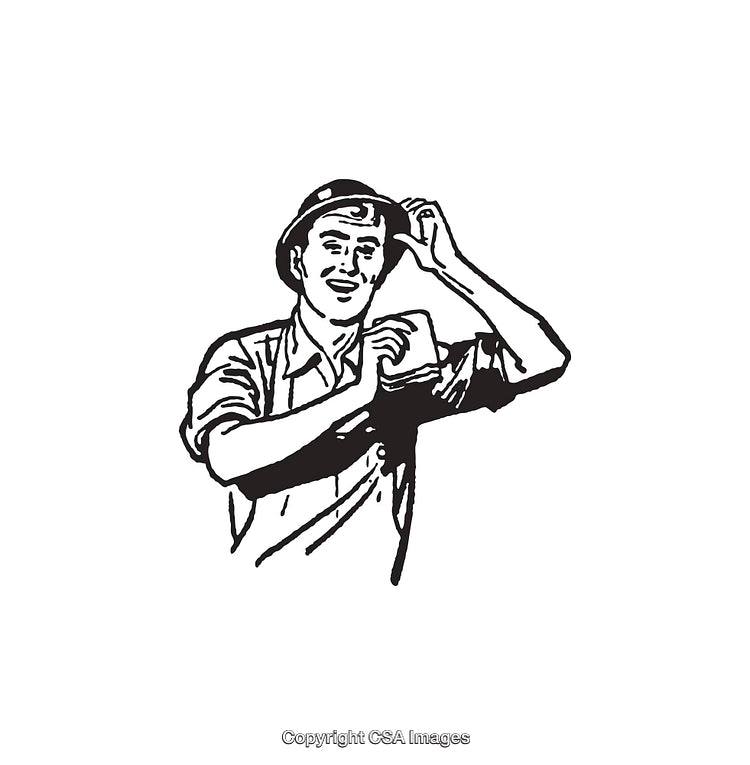 Black and White Line Art of a Smiling Worker in Overalls