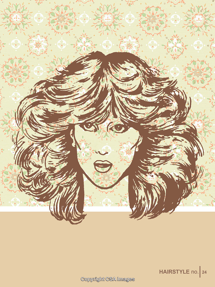 Retro-Style Illustration of a Woman's Face Against Patterned Background