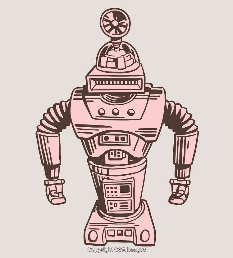 Retro-Inspired Illustrative Line Art Robot with Pink Tones