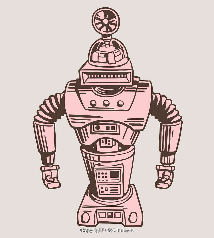 Retro-Inspired Illustrative Line Art Robot with Pink Tones