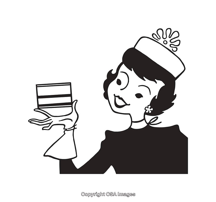 Retro Style Black and White Woman Illustration Holding a Striped Box