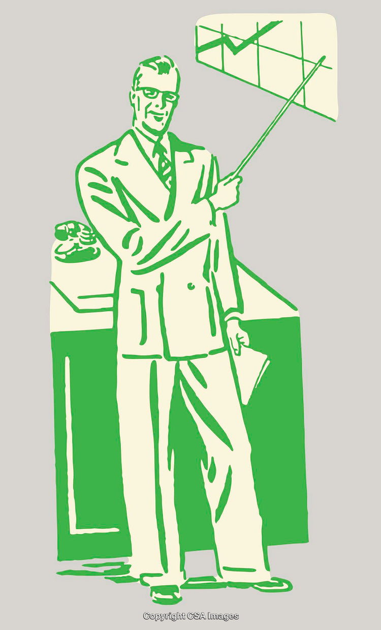 Illustration of a Businessman Presenting with a Chart and Pointer