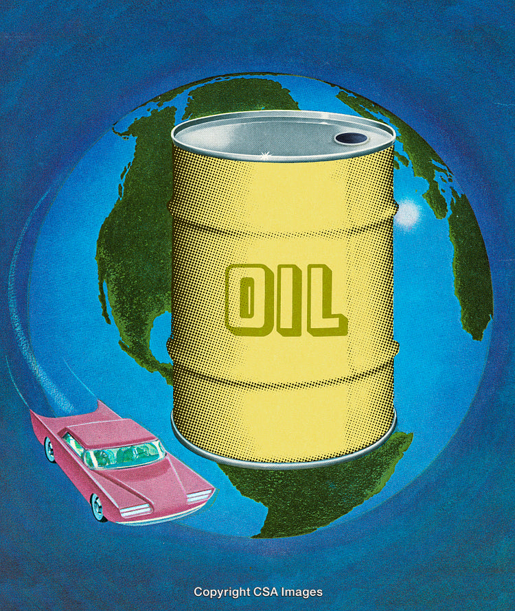 Oil Barrel with a Car Encircling an Illustration of the Earth