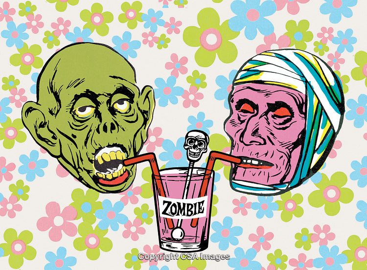 Quirky Zombie-Themed Illustration With Drink and Vibrant Floral Background