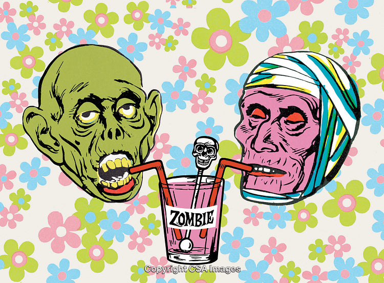 Quirky Zombie-Themed Illustration With Drink and Vibrant Floral Background