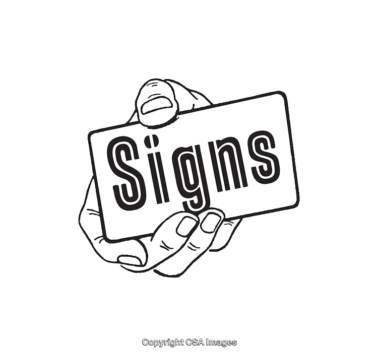 Black and White Artwork of Hand Holding a Signs Text Card