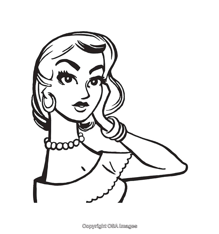 Elegant Retro Line Art Illustration of a Styled Woman in Black and White