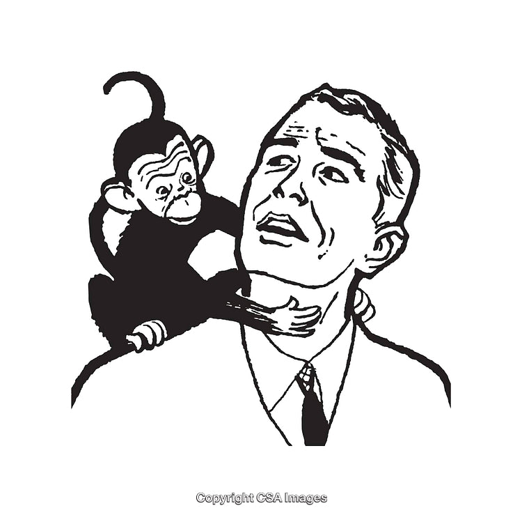 Vintage Illustration of a Monkey Interacting with a Man in Black and White