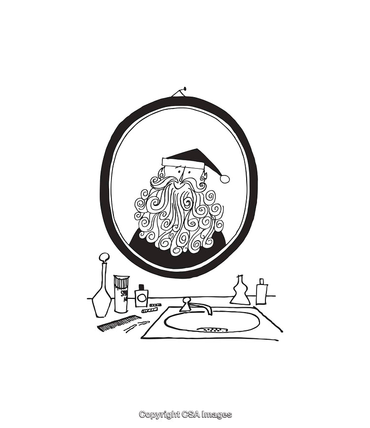 Black and White Line Art of Santa in Bathroom Mirror